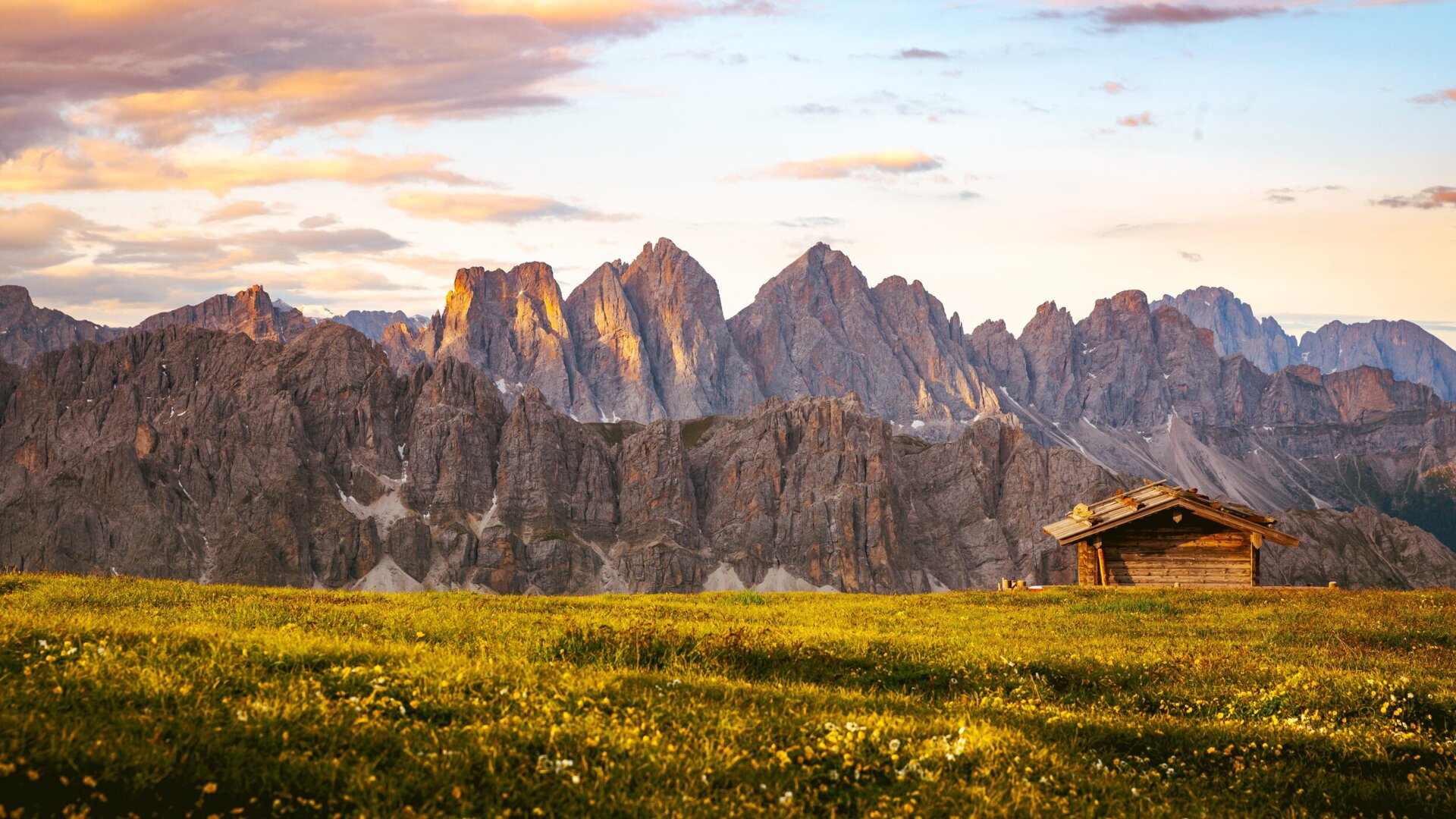 Prato alpino con una piccola baita e cime dolomitiche all’alba. | © Matthias Gasser