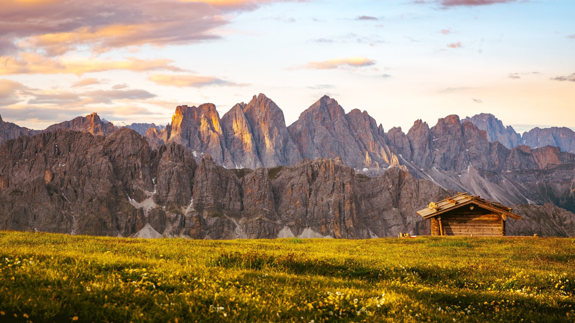 Prato alpino con una piccola baita e cime dolomitiche all’alba. | © Matthias Gasser