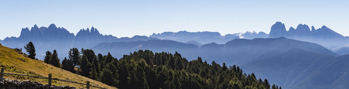 Sonnige Almwiese über einem bewaldeten Hang mit Bergketten unter klarem blauem Himmel. | © (c) Helmut Rier