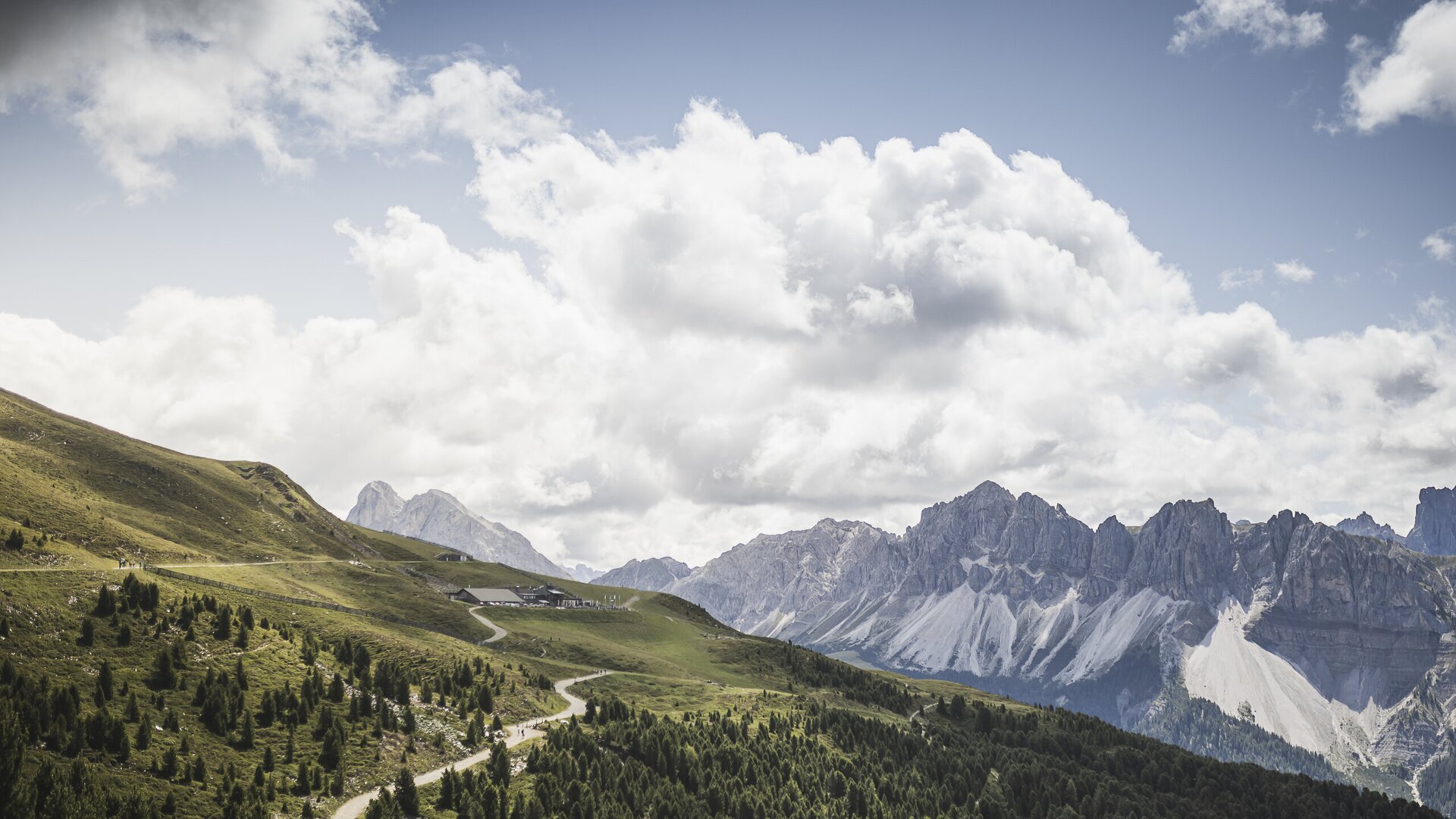 Winding mountain road through green alpine slopes with rocky peaks and cloudy sky in Brixen Südtirol | © (c) KOTTERSTEGER