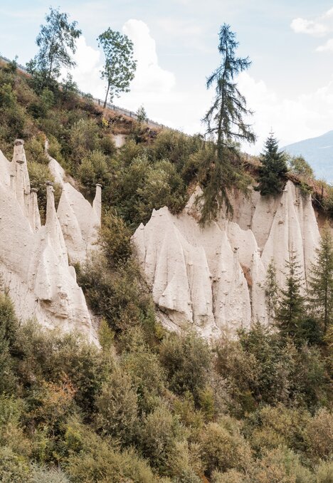 Piramidi di terra bianche su un pendio verde con alberi e montagne sullo sfondo. | © (c) Brandnamic