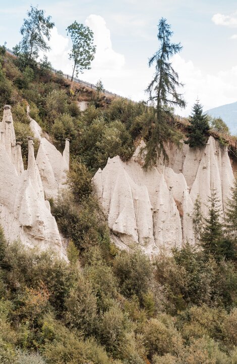 Piramidi di terra bianche su un pendio verde con alberi e montagne sullo sfondo. | © (c) Brandnamic