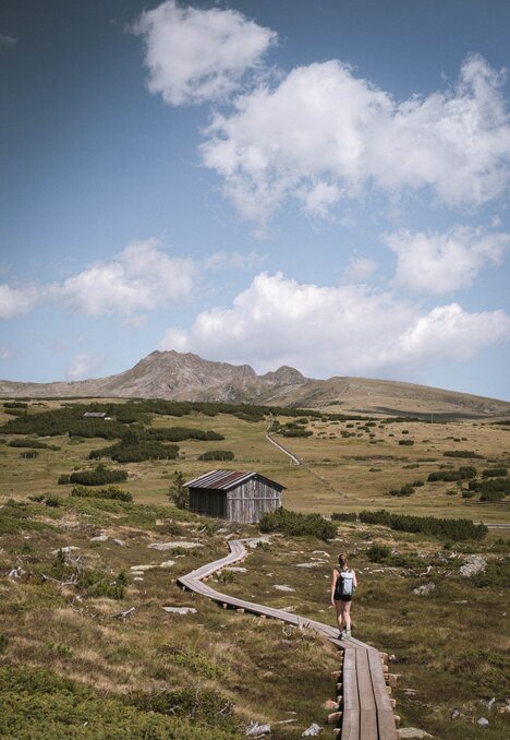 Wanderin auf einem Holzsteg über ein alpines Plateau mit Hütte und Berggipfeln unter blauem Himmel.