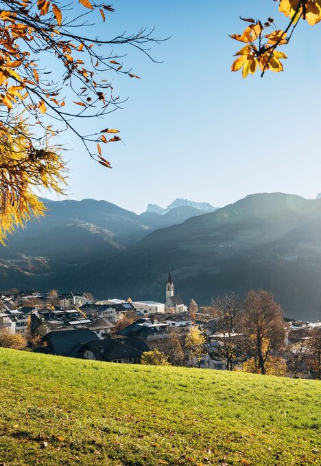 Vista autunnale su Brixen Südtirol con un paese nella valle, montagne e alberi illuminati dal sole.