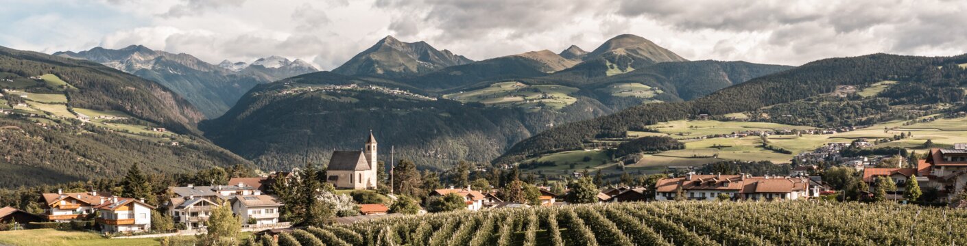 Weinberge unterhalb eines Dorfes mit Kirche im Tal und Bergpanorama in Brixen Südtirol