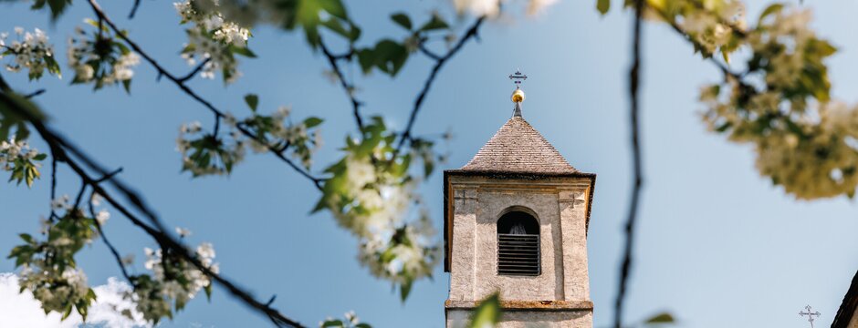 Kirchturm, umrahmt von blühenden Zweigen vor blauem Himmel
