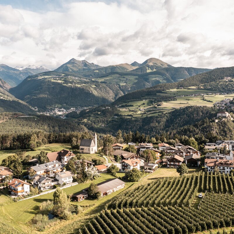 Vista aerea di un paese in una valle verde con vigneti e cime montuose sotto un cielo nuvoloso.