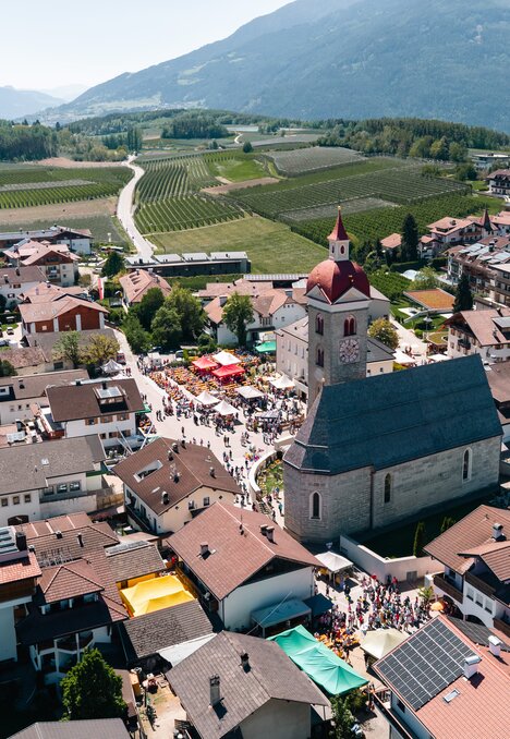Vista aerea di un paese con chiesa, tetti e vigneti a Brixen Südtirol.