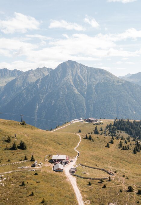 Wanderweg über ein alpines Plateau mit Bergblick bei Brixen Südtirol.