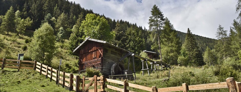 Holzhütte an einer umzäunten Bergwiese mit Wald in Brixen Südtirol an einem Sommertag.