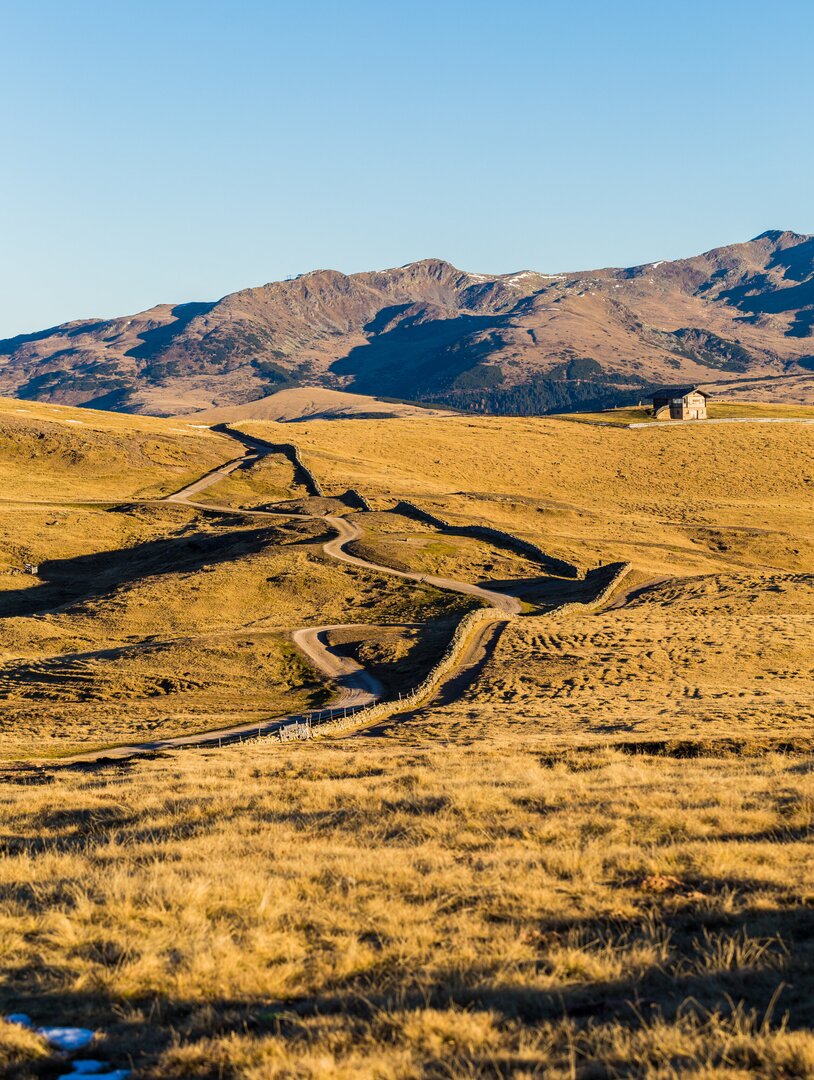 Sentiero sinuoso su un altopiano erboso con montagne e cielo azzurro limpido.