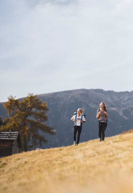 Due escursioniste camminano su un pendio erboso con le montagne sullo sfondo.