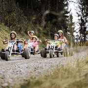 Famiglia in mountain cart su un sentiero sterrato nel bosco a Brixen Südtirol.