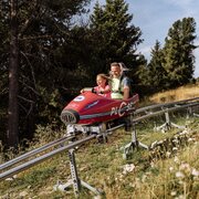 Due persone su un bob alpino lungo un pendio boscoso a Brixen Südtirol.