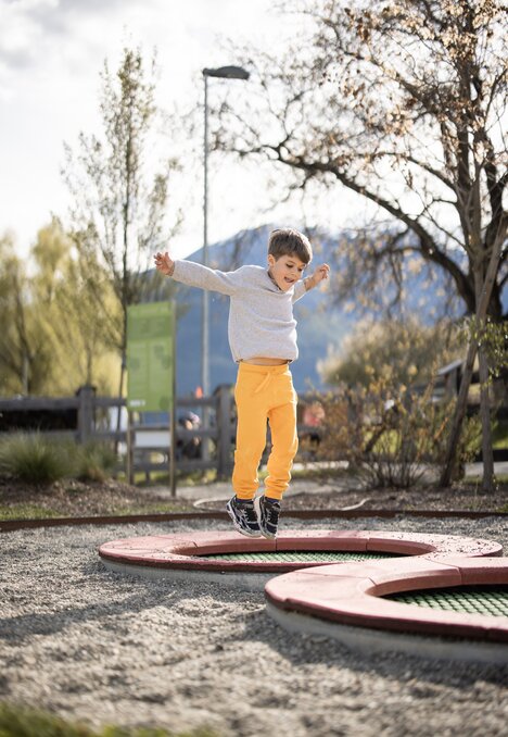 Bambino che salta su un trampolino in un giardino soleggiato con alberi e montagne sullo sfondo.