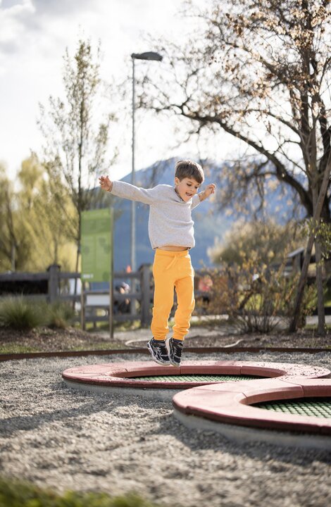 Boy jumping on a trampoline in a sunny garden with trees and mountains in the background.