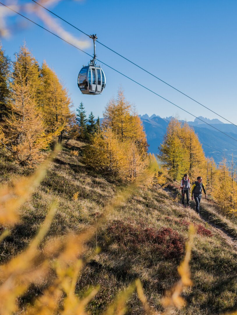 Wanderer auf einem Bergpfad unter einer Seilbahn, mit goldenen Lärchen und Blick ins Tal bei Brixen Südtirol. | © IDM Südtirol-Alto Adige/Harald Wisthaler