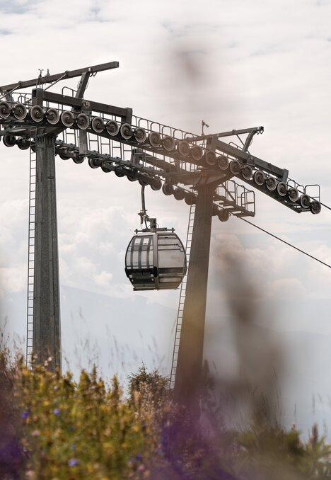 Eine Seilbahn schwebt über einer Bergwiese vor wolkigem Himmel und fernen Gipfeln.