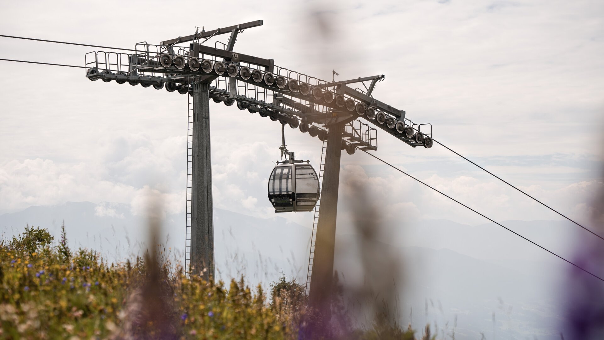 Cable car above a mountain meadow with cloudy sky and distant alpine peaks.