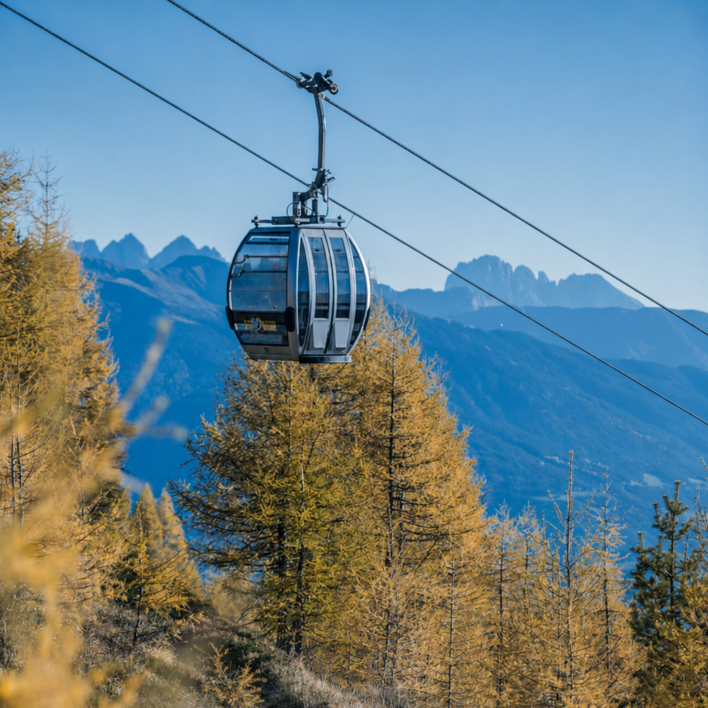 Funivia sopra gli alberi autunnali con le montagne di Brixen Südtirol sullo sfondo.