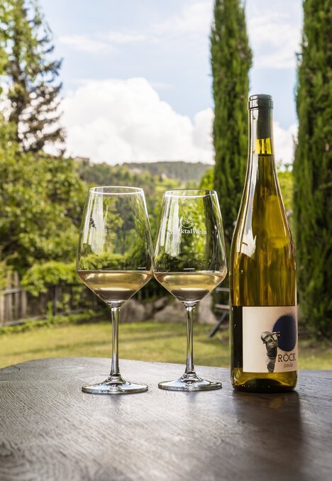 Due calici e una bottiglia di vino su un tavolo all'aperto, con giardino verde e cielo nuvoloso sullo sfondo. | © (c) Brixen Südtirol Dolomites Italy