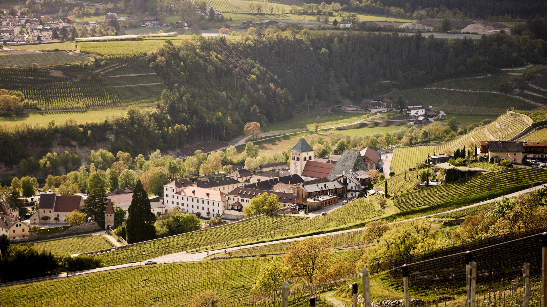 Sunlit village in a vineyard valley with terraced green slopes and rolling hills.