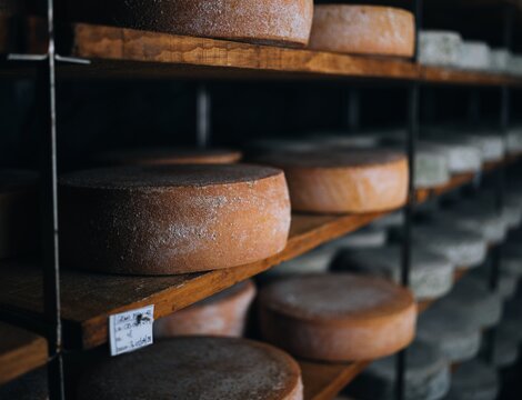 Forme di formaggio stagionano su scaffali di legno in una cantina buia.