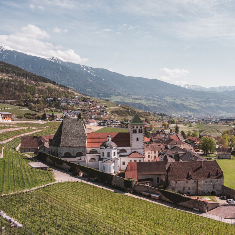 View over Brixen Südtirol with vineyards, church towers and the valley below.